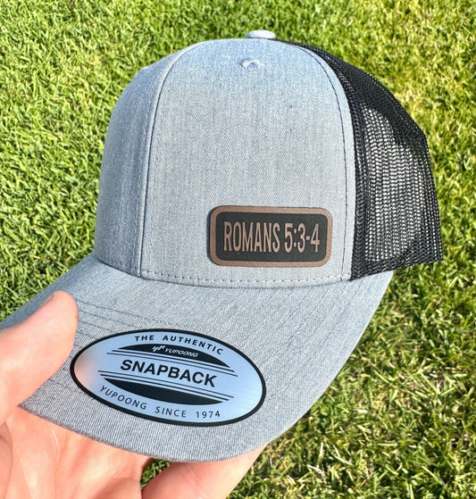 Romans 5:3-4 Bible Verse Hat – Snapback Trucker Hat with Patch – Christian Hat – Perseverance Scripture Cap – Faith Gift for Him or Her