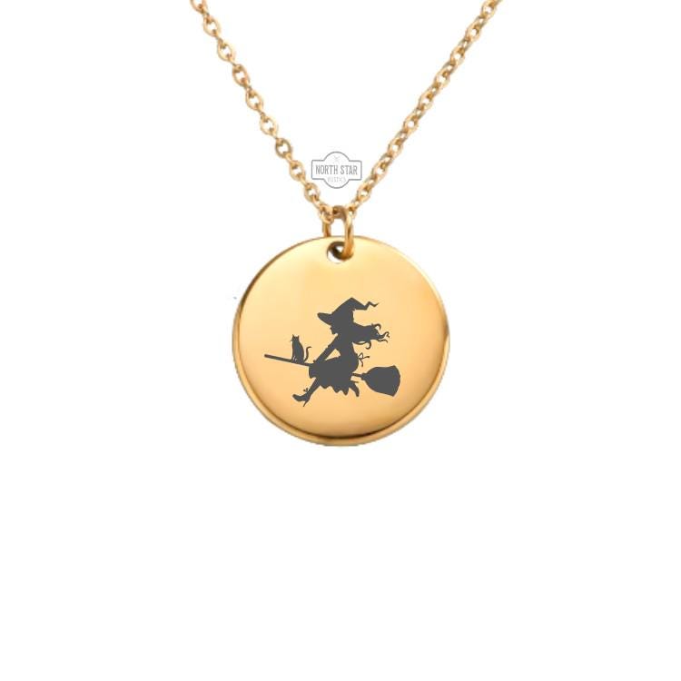 Witch Necklace - Halloween Fall Gold or Silver Minimalist Dainty Engraved Custom Pendant Charm Jewelry