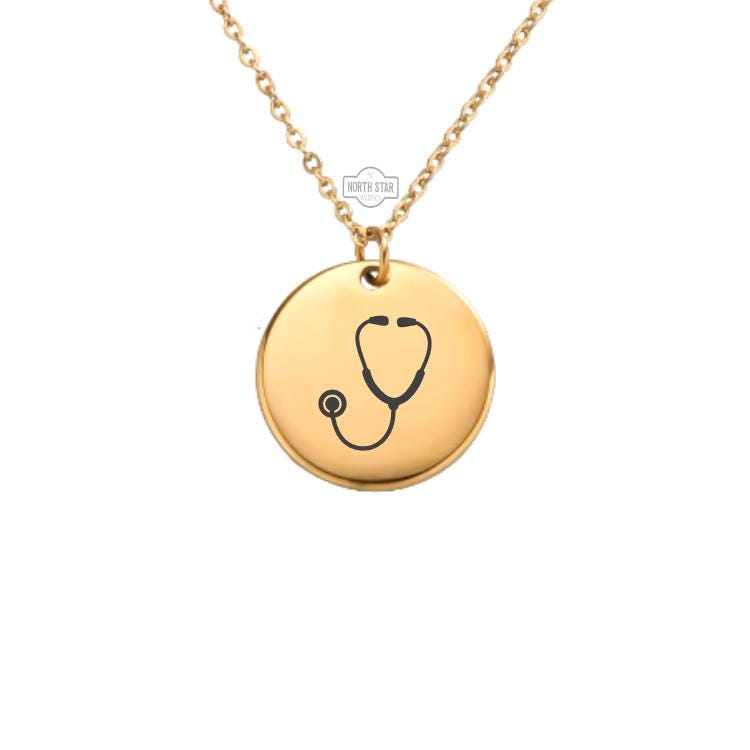 Stethoscope Necklace - Nurse Doctor Gift Gold or Silver Minimalist Dainty Engraved Custom Pendant Charm Jewelry - Personalized Gift