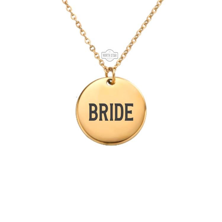 Bride Necklace - Wedding Party Gold or Silver Minimalist Dainty Engraved Custom Pendant Charm Jewelry - Personalized Gift for Her