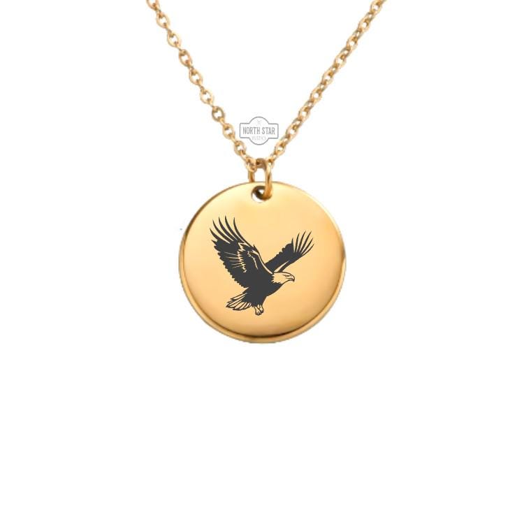 Bald Eagle Necklace - Flying Bird Gold or Silver Minimalist Dainty Engraved Custom Pendant Charm Jewelry