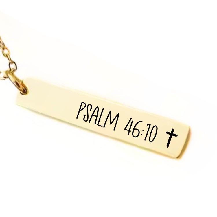 Bible Verse Bar Necklace with Cross – Psalm 46:10 or Custom Scripture – Christian Gift for Her – Faith Jewelry - Bible Verse Keychain