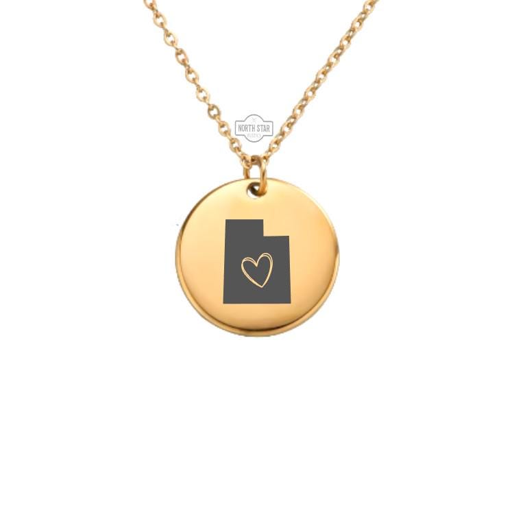 Utah Necklace - Or Any State Outline With Heart Gold or Silver Minimalist Dainty Engraved Custom Pendant Charm Jewelry