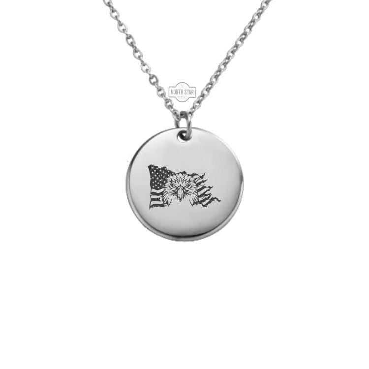 American Flag With Bald Eagle Necklace - Patriotic Gold or Silver Minimalist Dainty Engraved Custom Pendant Charm Jewelry