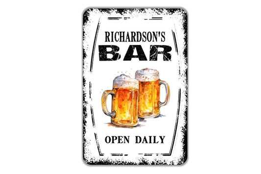 Personalized Bar Open Daily Sign - Custom Pub Saloon Tavern Man Cave Drinking Beer Metal Wall Art Indoor Or Outdoor