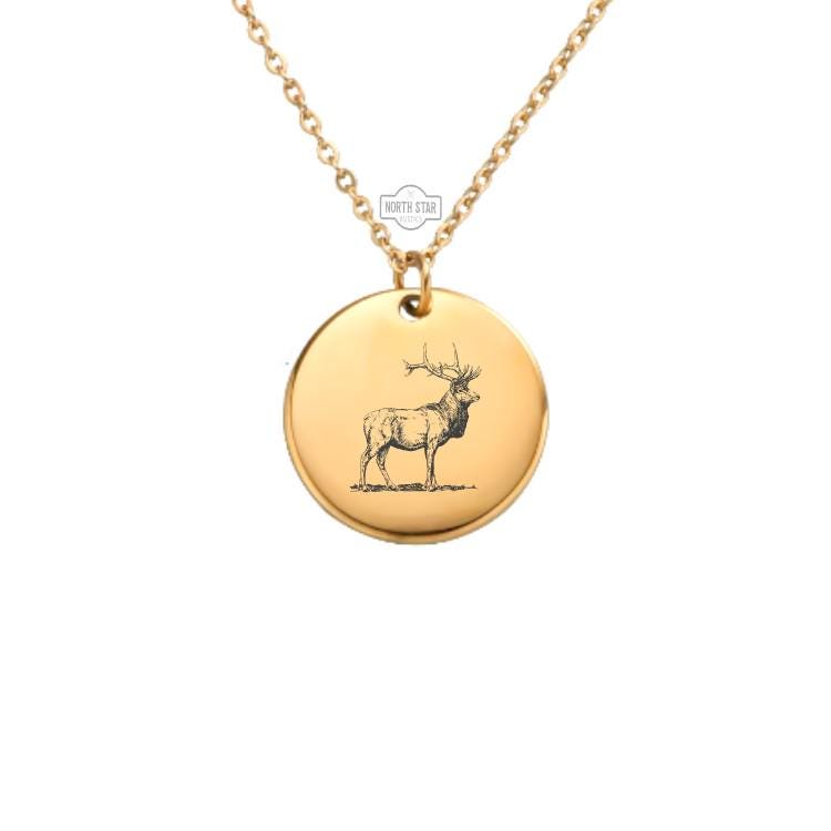 Elk Necklace - Animal Wildlife Gold or Silver Minimalist Dainty Engraved Custom Pendant Charm Jewelry - Personalized Gift for Her