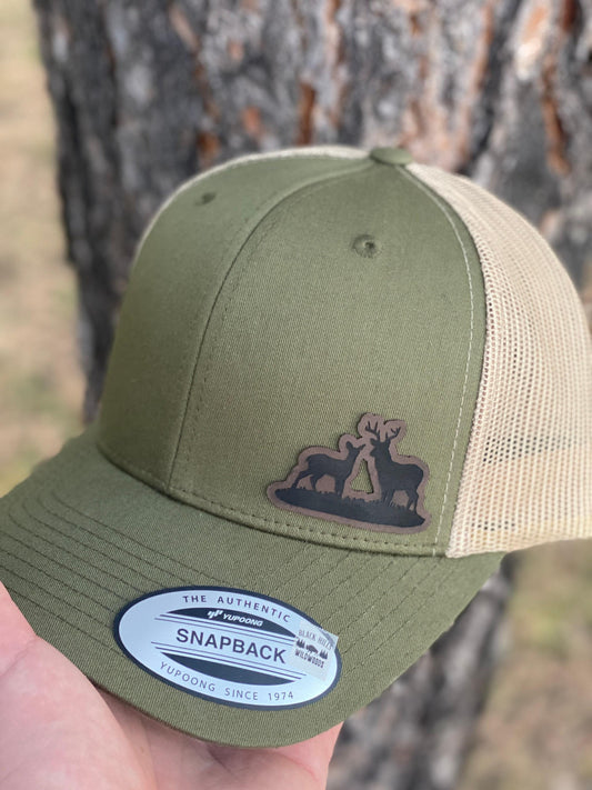 Buck & Doe Deer Hat – Snapback Trucker Cap – Engraved Wildlife Scene – Outdoorsman Gift – Rustic Hunting Hat - Vegan  Hat