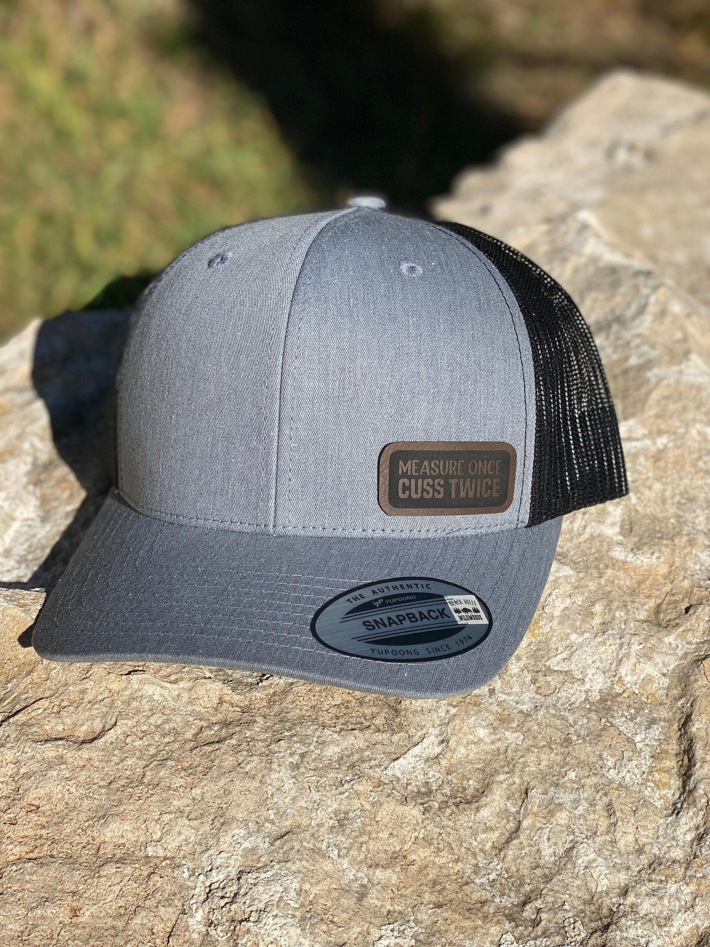 Measure Once Cuss Twice Hat Snapback Trucker – Engraved Patch Funny DIY Gift, Carpenter Hat, Woodworking Humor Cap for Makers
