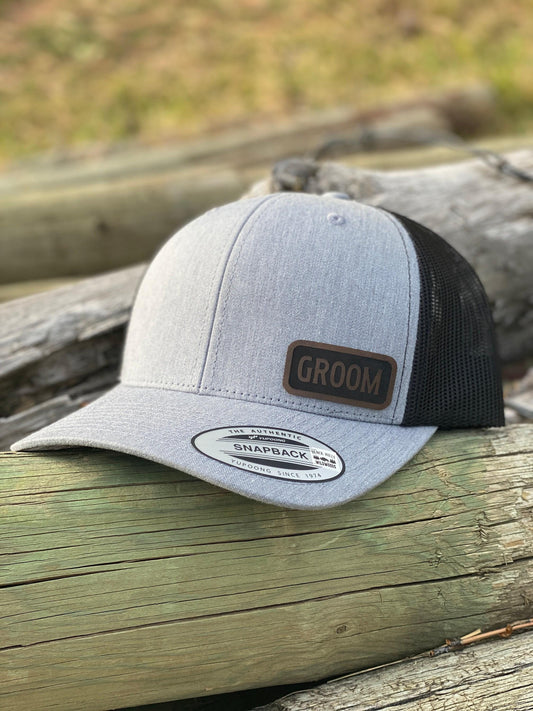 Groom Hat – Snapback Trucker Hat with Engraved Patch, Wedding Day Cap for Groom, Rustic Mesh Hat, Bachelor Party Gift Idea