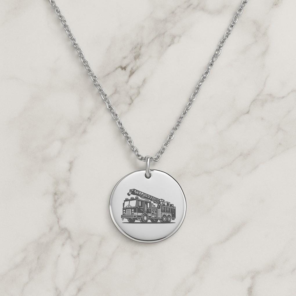 Firetruck Necklace or Keychain – Round Pendant Firefighter Gift – Fire Engine Jewelry – First Responder Keepsake