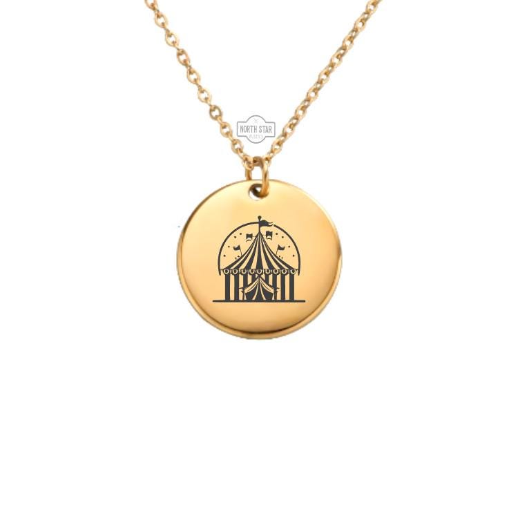 Circus Tent Necklace - Under The Big Top Gold or Silver Minimalist Dainty Engraved Custom Pendant Charm Jewelry