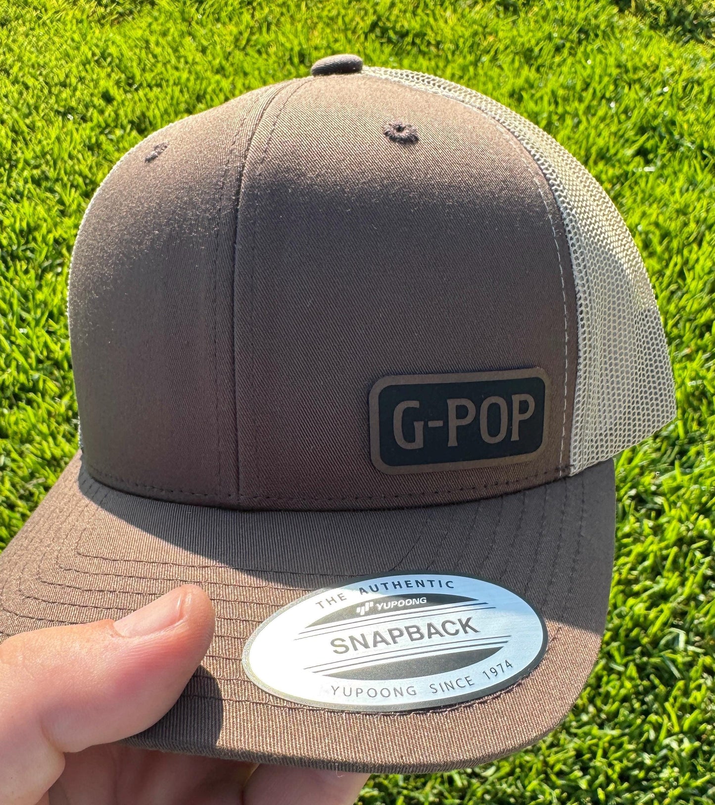 G-Pop Hat – Snapback Trucker Hat with Engraved Patch, Gift for Grandpa, Rustic Mesh Cap for G-Pop, Cool Grandparent Hat