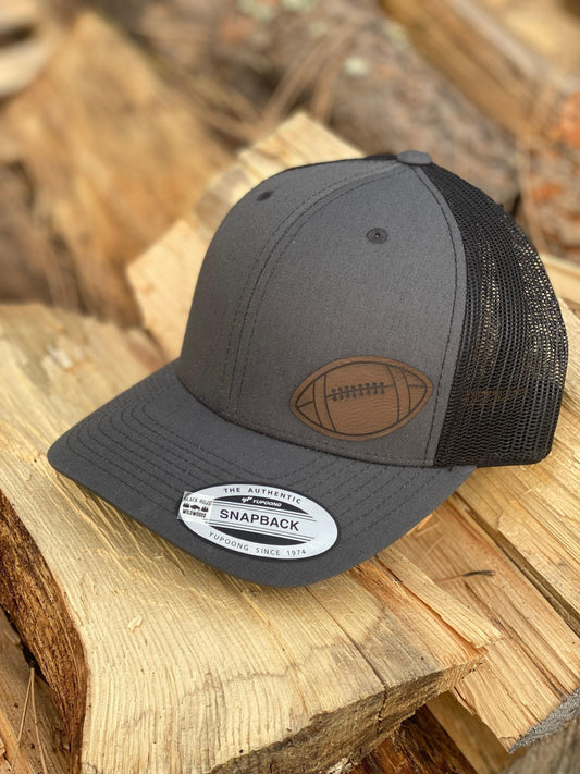 Football Hat – Snapback Trucker Hat with Engraved Patch of Football Design, Sports Fan Gift, Game Day Cap, Rustic Team Spirit Hat