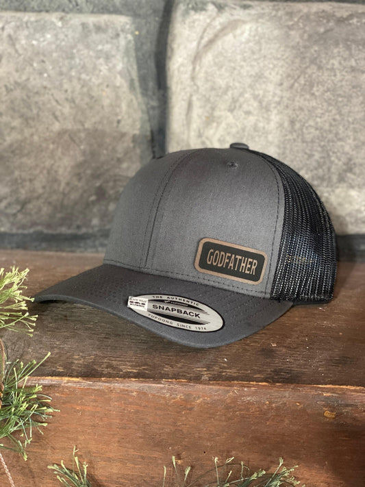 Godfather Hat – Snapback Trucker Hat with Engraved Patch, Gift for Godfather, Rustic Mesh Cap, Cool Godparent Trucker Hat