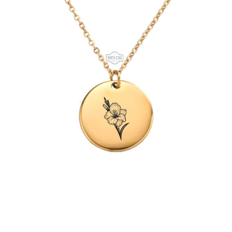 Gladiolus August Birth Month Necklace - Gladiolus Flower Birthday Gold or Silver Minimalist Dainty Engraved Custom Pendant Charm Jewelry