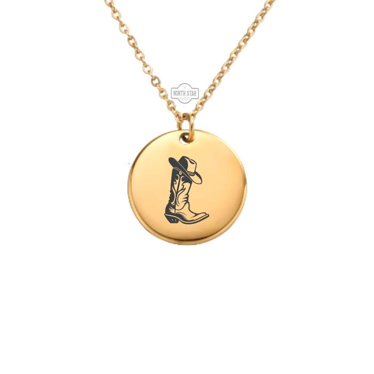 Cowgirl Boot Rodeo Necklace - Gold or Silver Minimalist Dainty Engraved Custom Pendant Charm Jewelry - Personalized Gift for Her