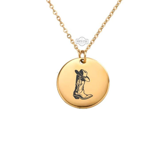 Cowgirl Boot Rodeo Necklace - Gold or Silver Minimalist Dainty Engraved Custom Pendant Charm Jewelry - Personalized Gift for Her