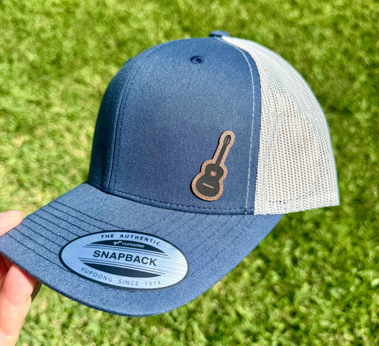 Guitar Hat Snapback Trucker Cap – Acoustic Guitarist Hat for Musician or Bandmate, Leather Patch Hat for Music Lovers