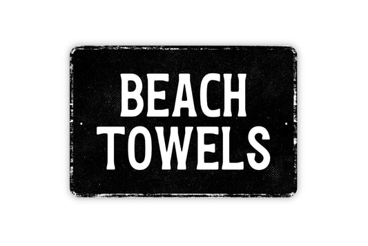 Beach Towels Sign – Vinyl Sticker Decal Metal Wall Sign for Poolside, Bathroom, or Beach House Decor, Towel Hook Station or Basket