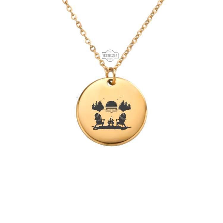 Fire Pit with Lake View Necklace or Keychain – Personalized Nature Gift for Her or Him, Peaceful Outdoor Charm in Gold or Silver