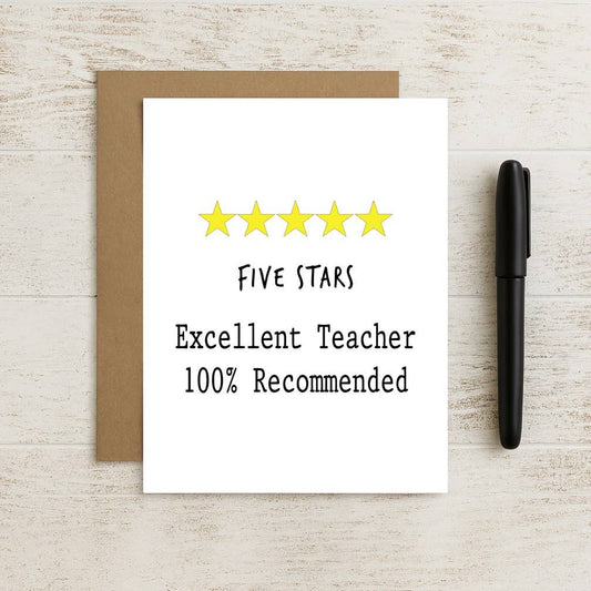 Teacher Thank You Card – Five Stars Excellent Teacher – 100%