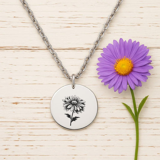 Aster Birth Flower Necklace – Gold or Silver September Charm – Personalized Floral Jewelry – Keychain Option – Birthday Gift