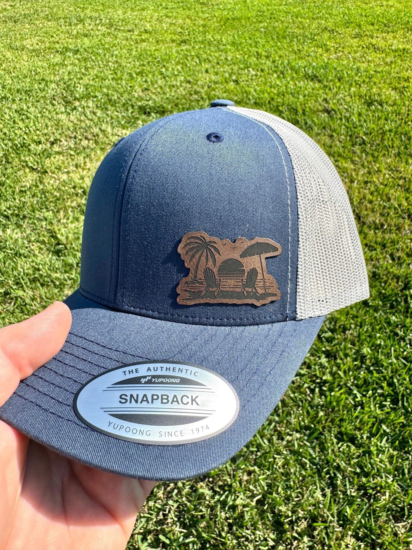 Beach Scene Hat – Coastal Snapback or Trucker Cap with Ocean and Palm Design – Summer Vacation Hat for Beach Lovers and Travelers
