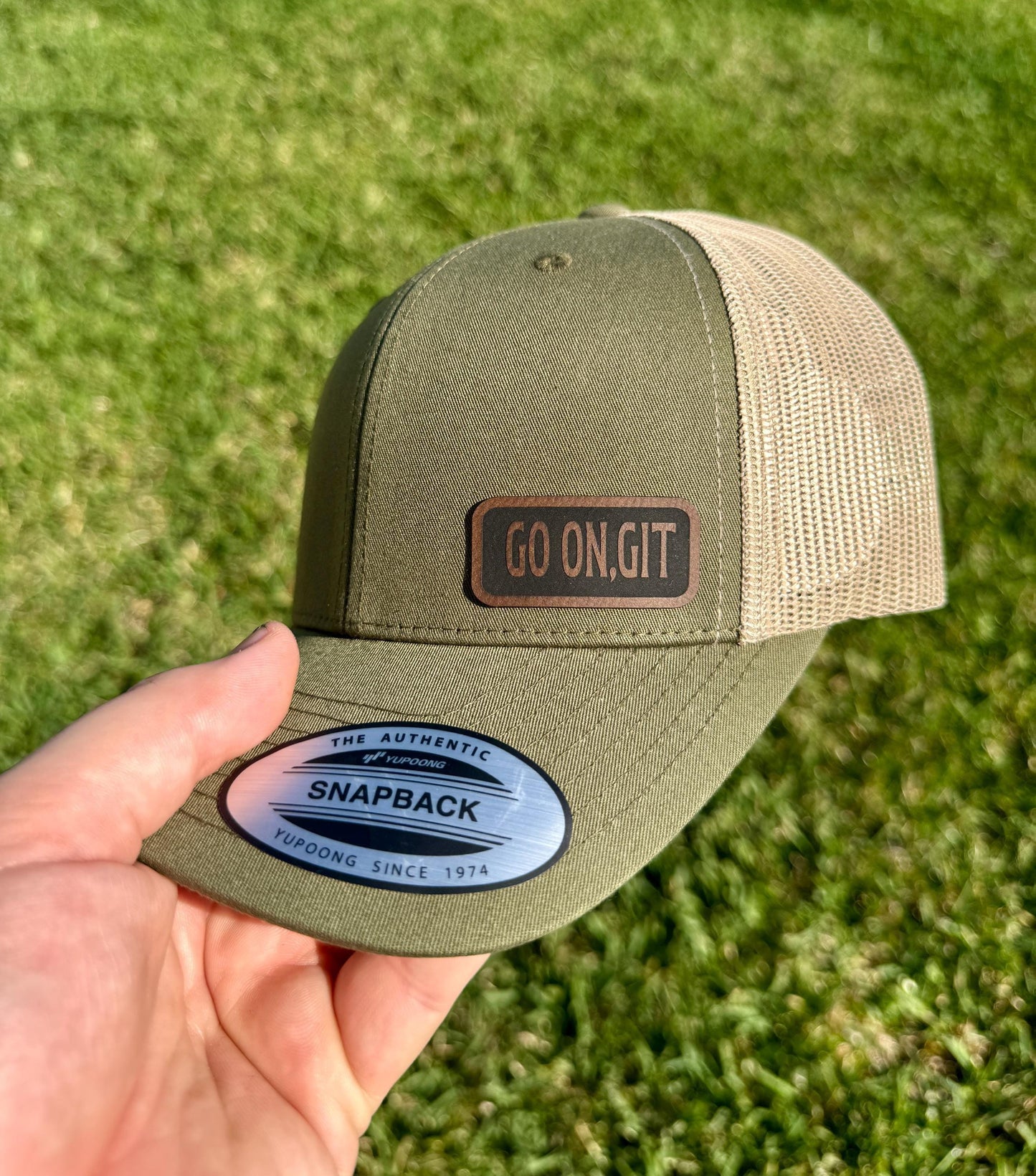 Go On, Git Hat – Funny Snapback Trucker Hat with Engraved Patch, Southern Saying Cap, Rustic Humor Gift, Country Attitude Hat