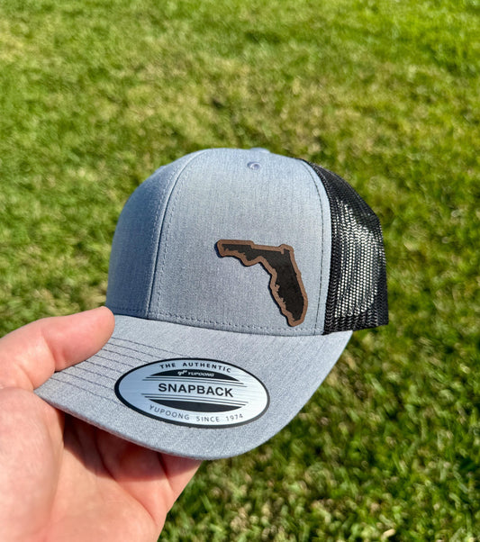 Florida State Outline Hat – Snapback Trucker Hat with Engraved Patch of FL State, Sunshine State Gift, Rustic Florida Pride Cap