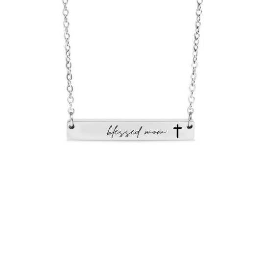 Blessed Mom Bar Necklace or Keychain with Cross – Christian Mother’s Day Gift – Faith Jewelry from Kids – Engraved Keepsake