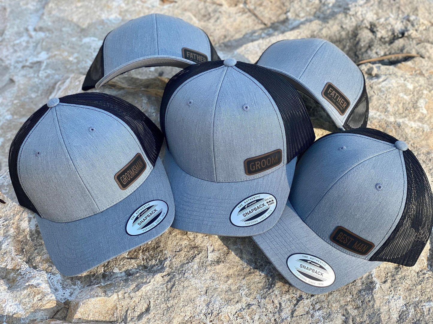 Groom Hat – Snapback Trucker Hat with Engraved Patch, Wedding Day Cap for Groom, Rustic Mesh Hat, Bachelor Party Gift Idea