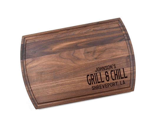 Personalized Grill & Chill Cutting Board – Custom BBQ Gift for Him, Outdoor Kitchen or Grilling Station, Engraved Wood Board