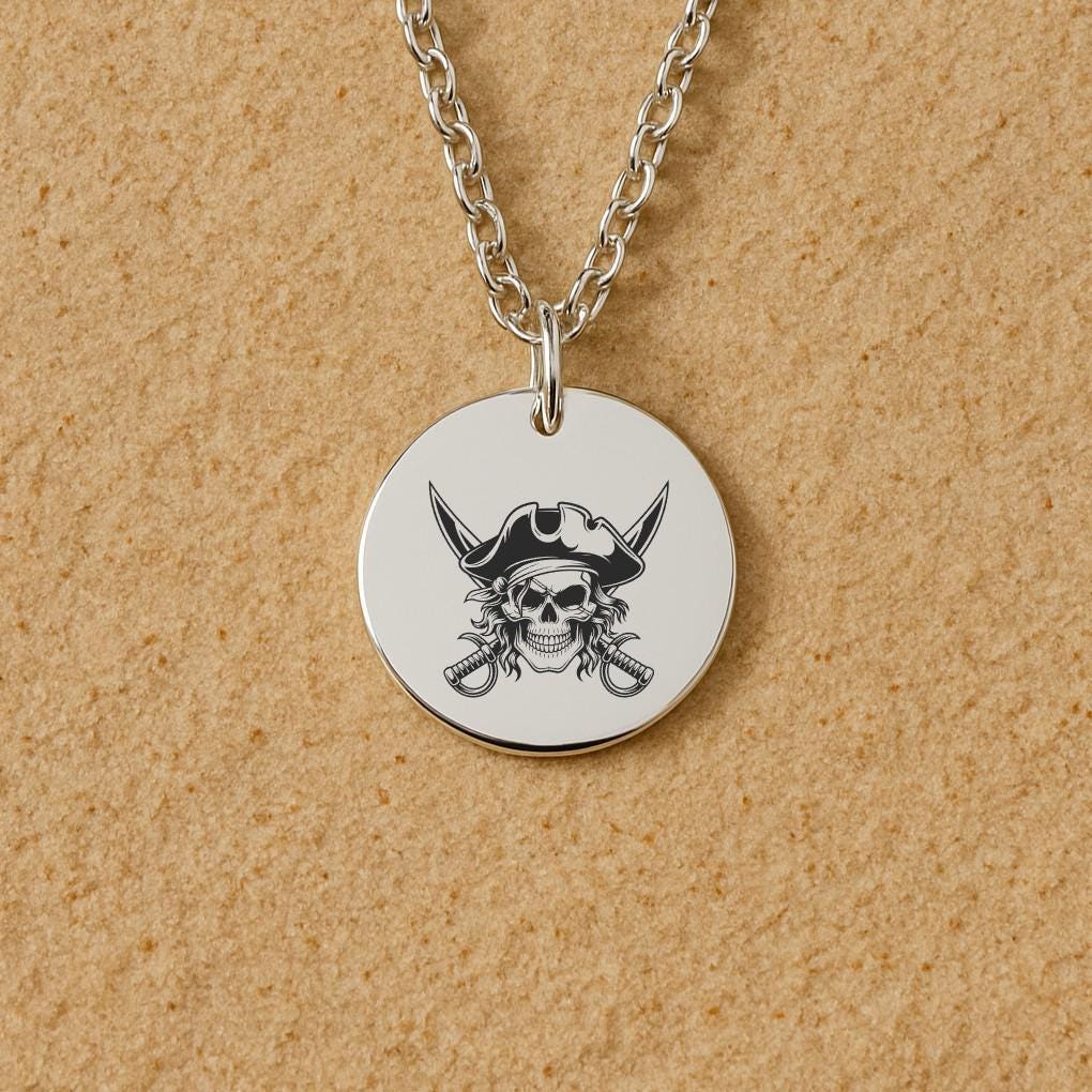 Pirate Necklace – Gold or Silver Skull & Crossbones Charm – Personalized Nautical or Halloween Jewelry – Keychain Available