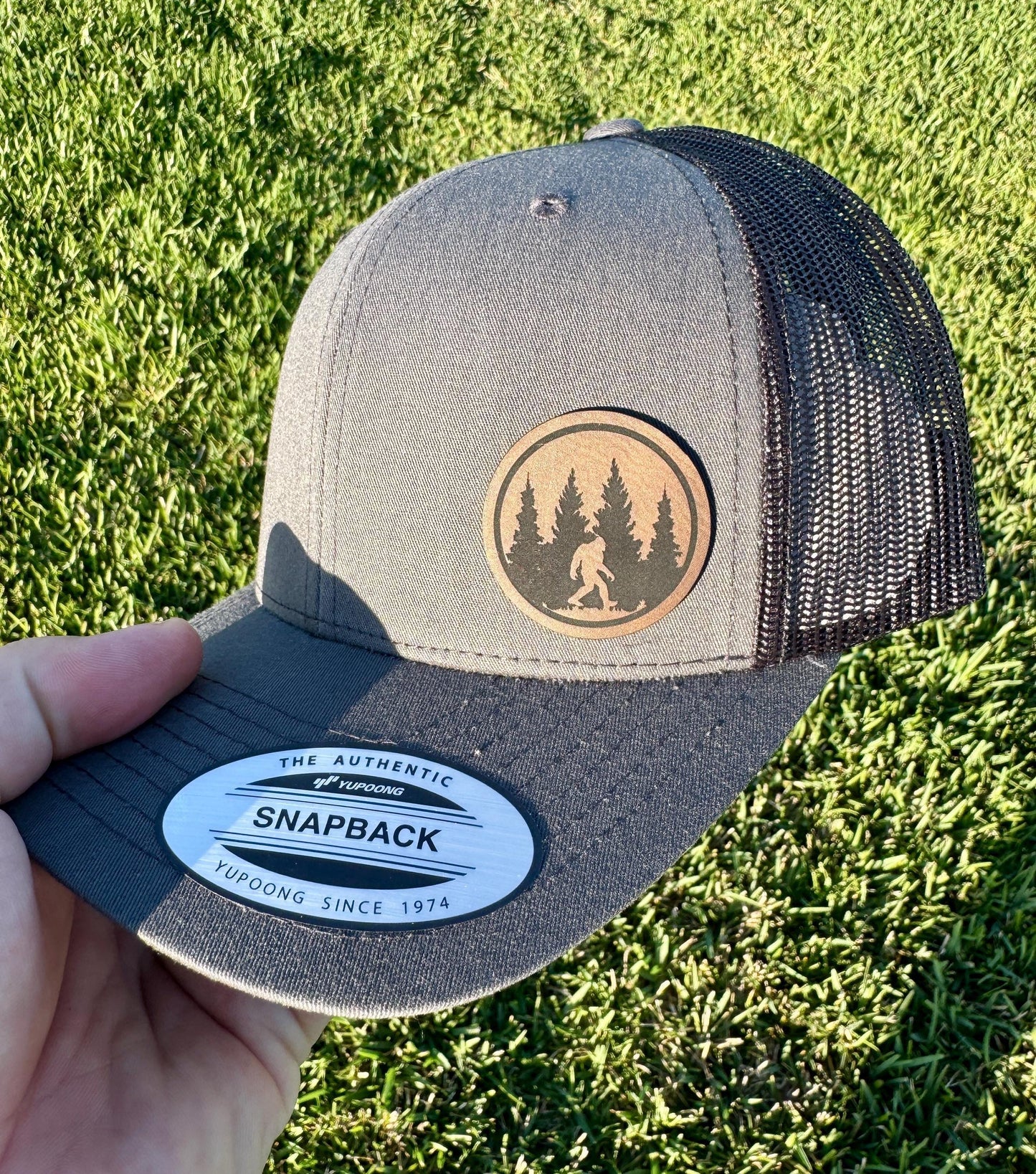 Sasquatch Hat – Snapback Trucker Cap – Bigfoot Forest Design –  Engraved Patch – Outdoor Adventure Gift - Gift for Him