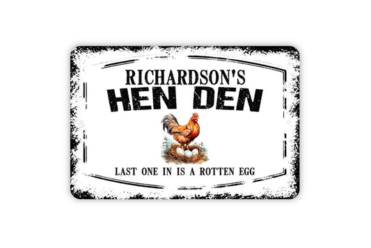 Personalized Hen Den Sign - Custom Your Name Hen House Chicken Coop Last One In Is A Rotten Egg Metal Wall Art Indoor Or Outdoor