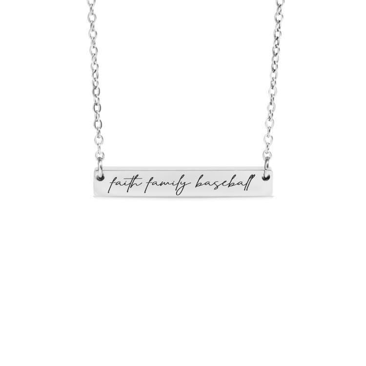 Faith Family Baseball Bar Necklace or Keychain – Sports Mom or Player Gift – Engraved Christian Baseball Jewelry