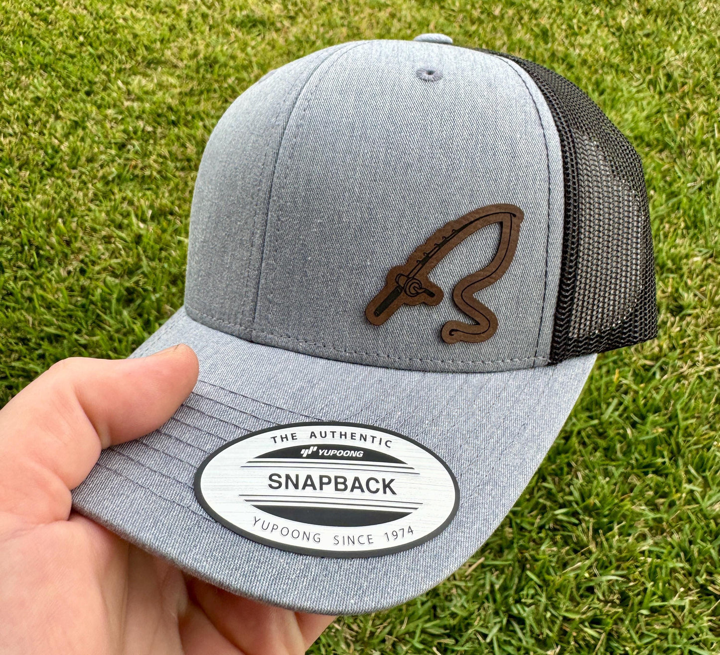 Fishing Pole Hat – Snapback Trucker Hat with Engraved Patch, Fisherman Gift, Outdoor Cap for Lake Days, Rustic Fishing Apparel