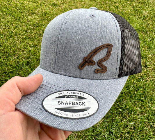Fishing Pole Hat – Snapback Trucker Hat with Engraved Patch, Fisherman Gift, Outdoor Cap for Lake Days, Rustic Fishing Apparel