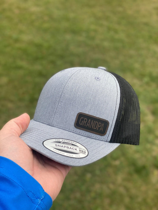 Grandpa Hat – Snapback Trucker Hat with Engraved Patch, Gift for Grandpa, Mesh Back Cap, Rustic Cool Grandfather Trucker Hat