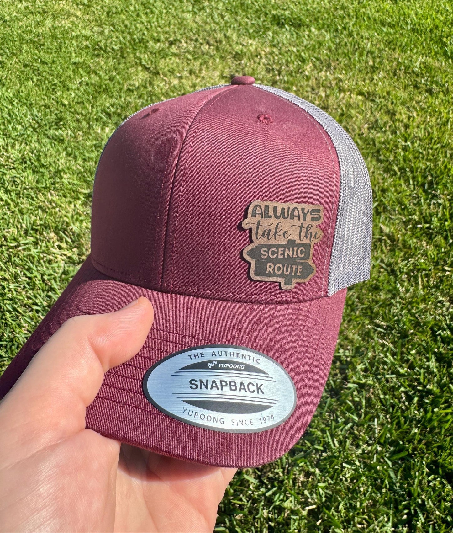 Always Take the Scenic Route Hat – Adventure-Inspired Trucker or Snapback Cap – Travel Quote Hat for Nature Lovers, Campers, and Wanderers