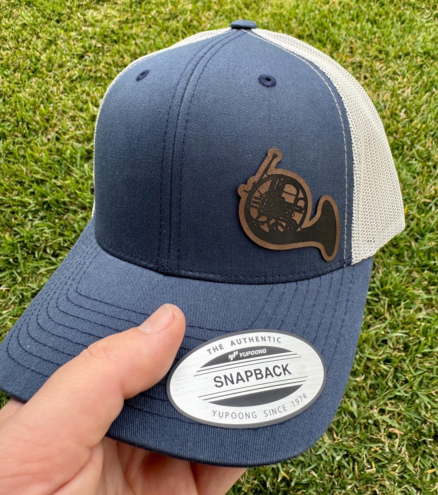 French Horn Hat – Snapback Trucker Hat with Engraved Musical Instrument Patch, Brass Band Gift, Musician Cap, Orchestra Style