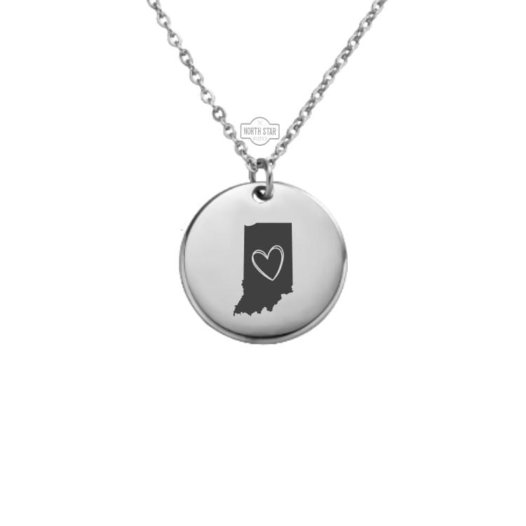 Indiana Necklace - Or Any State Outline With Heart Gold or Silver Minimalist Dainty Engraved Custom Pendant Charm Jewelry