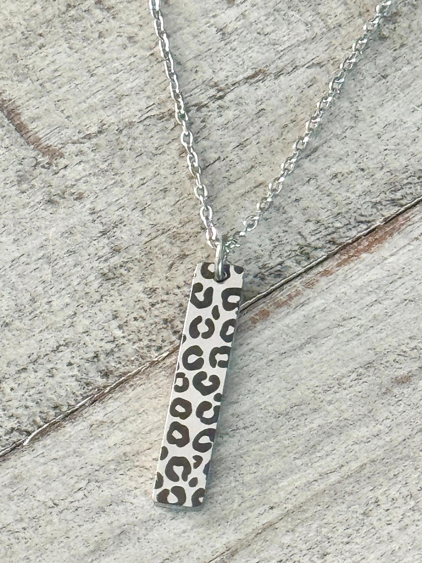 Cheetah or Leopard Print Bar Necklace or Keychain – Gold, Silver, or Stainless Steel – Animal Print Jewelry or Bag Charm Gift