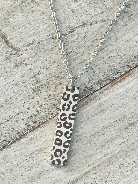Cheetah or Leopard Print Bar Necklace or Keychain – Gold, Silver, or Stainless Steel – Animal Print Jewelry or Bag Charm Gift
