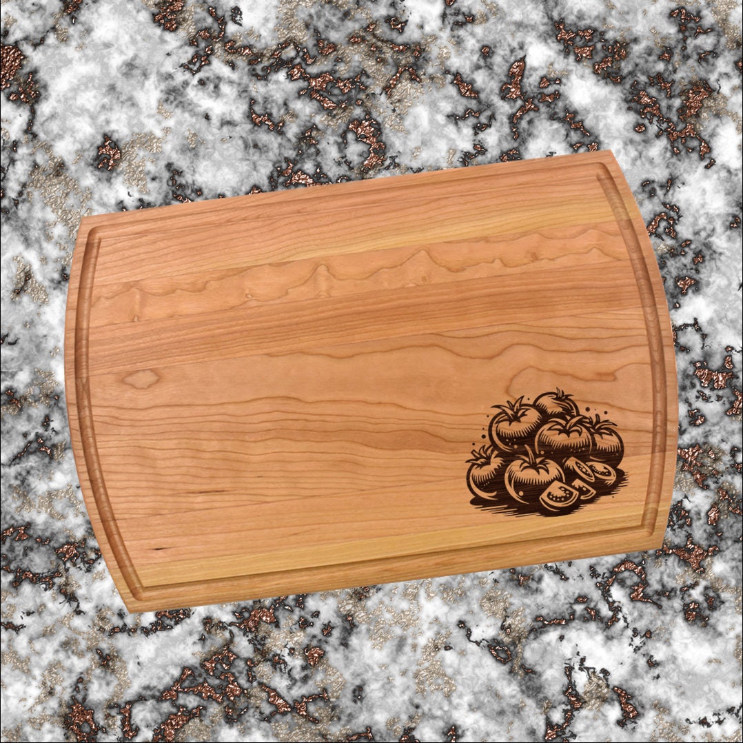 Tomato Engraved Cutting Board – Vegetable Kitchen Decor – Cherry, Walnut, or Bamboo Wood – Garden Lover Gift – Chef Charcuterie Board