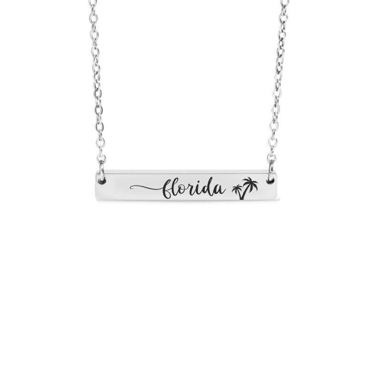 Personalized Palm Tree Bar Necklace or Keychain – Custom Tropical Gift – Beach Lover Jewelry – Engraved Vacation Keepsake
