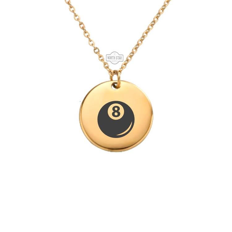 Eight Ball Necklace - Luck Charm Gold or Silver Minimalist Dainty Engraved Custom Pendant Charm Jewelry