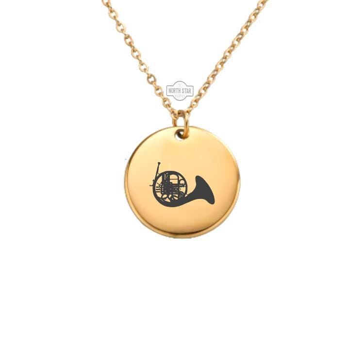 French Horn Necklace – Gold or Silver Brass Instrument Charm – Personalized Gift for Musician or Band Member – Keychain Available