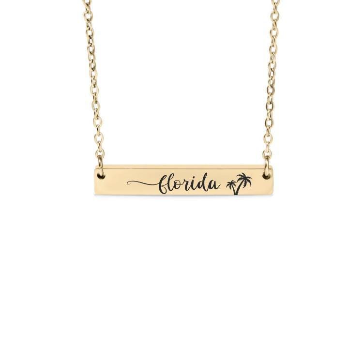 Personalized Palm Tree Bar Necklace or Keychain – Custom Tropical Gift – Beach Lover Jewelry – Engraved Vacation Keepsake