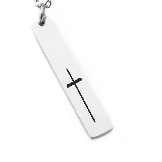 Christian Cross Bar Necklace or Keychain – Faith Jewelry for Her or Him – Engraved Gift – Minimalist Religious Keepsake